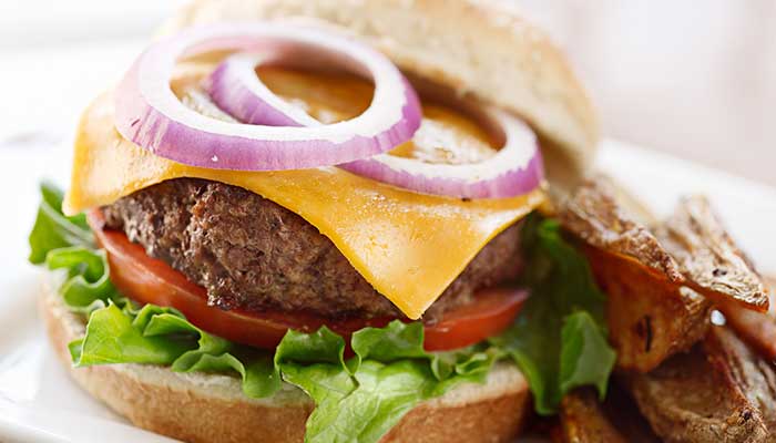 Classic cheeseburger topped with onion, melted American cheese, lettuce and tomato at Pine Cone Café in Land O' Lakes, WI